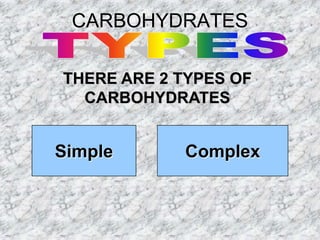 CARBOHYDRATES

THERE ARE 2 TYPES OF
  CARBOHYDRATES


Simple      Complex
 