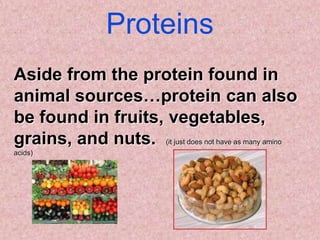 Proteins
Aside from the protein found in
animal sources…protein can also
be found in fruits, vegetables,
grains, and nuts.
                (it just does not have as many amino
acids)
 