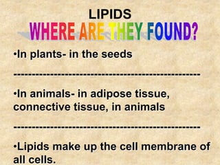 LIPIDS

•In plants- in the seeds
---------------------------------------------------
•In animals- in adipose tissue,
connective tissue, in animals
---------------------------------------------------
•Lipids make up the cell membrane of
all cells.
 