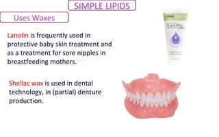 Uses Waxes
SIMPLE LIPIDS
Lanolin is frequently used in
protective baby skin treatment and
as a treatment for sore nipples in
breastfeeding mothers.[13]
Shellac wax is used in dental
technology, in (partial) denture
production.
 