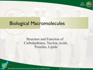 Biological Macromolecules
Structure and Function of
Carbohydrates, Nucleic Acids,
Proteins, Lipids
 