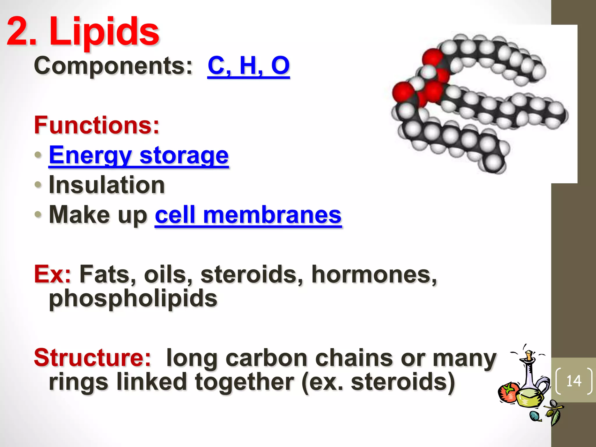 2. Lipids 
Components: C, H, O 
Functions: 
• Energy storage 
• Insulation 
• Make up cell membranes 
Ex: Fats, oils, steroids, hormones, 
phospholipids 
Structure: long carbon chains or many 
rings linked together (ex. steroids) 14 
 