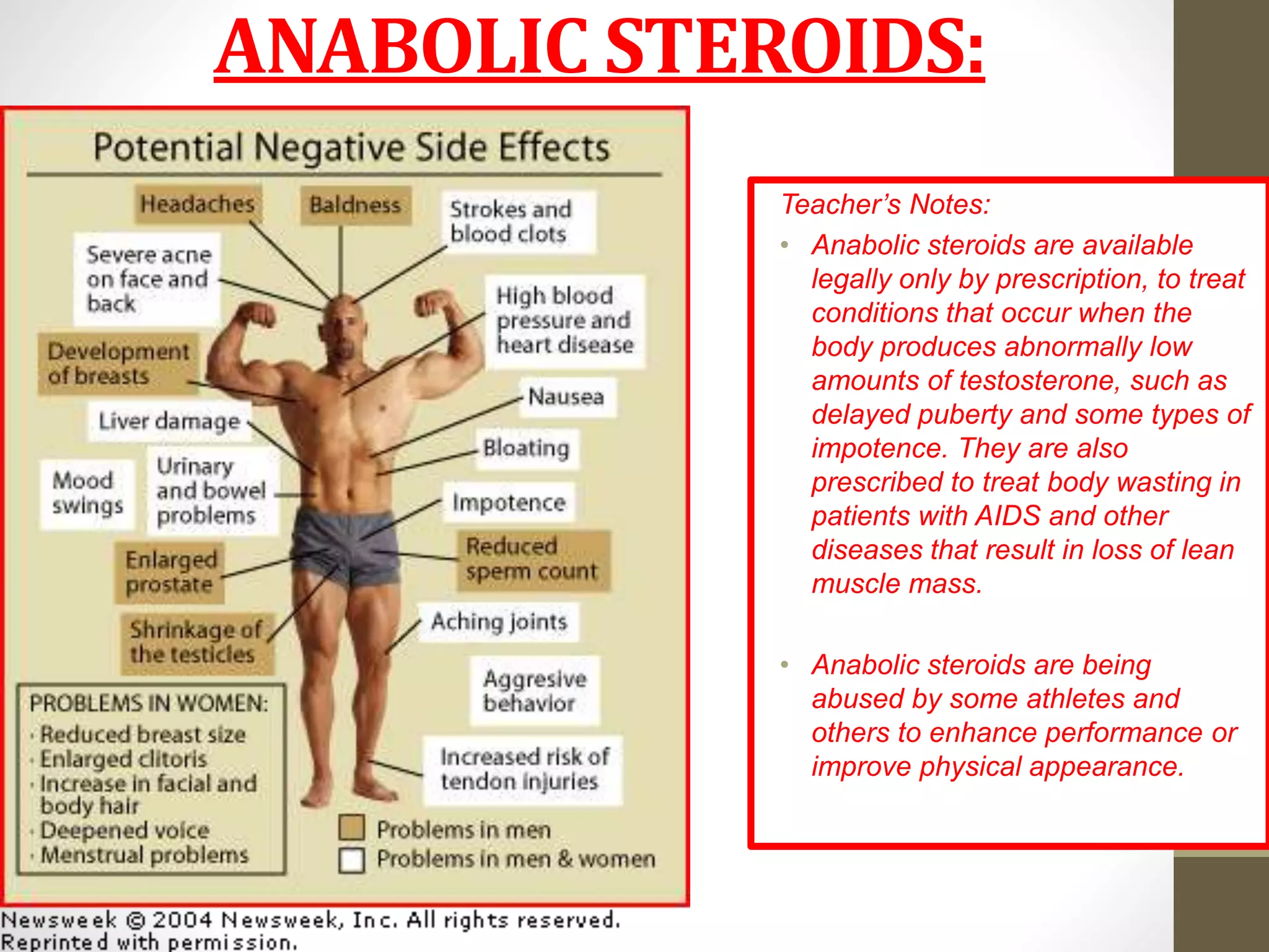 ANABOLIC STEROIDS: 
Teacher’s Notes: 
• Anabolic steroids are available 
legally only by prescription, to treat 
conditions that occur when the 
body produces abnormally low 
amounts of testosterone, such as 
delayed puberty and some types of 
impotence. They are also 
prescribed to treat body wasting in 
patients with AIDS and other 
diseases that result in loss of lean 
muscle mass. 
• Anabolic steroids are being 
abused by some athletes and 
others to enhance performance or 
improve physical appearance. 
17 
 