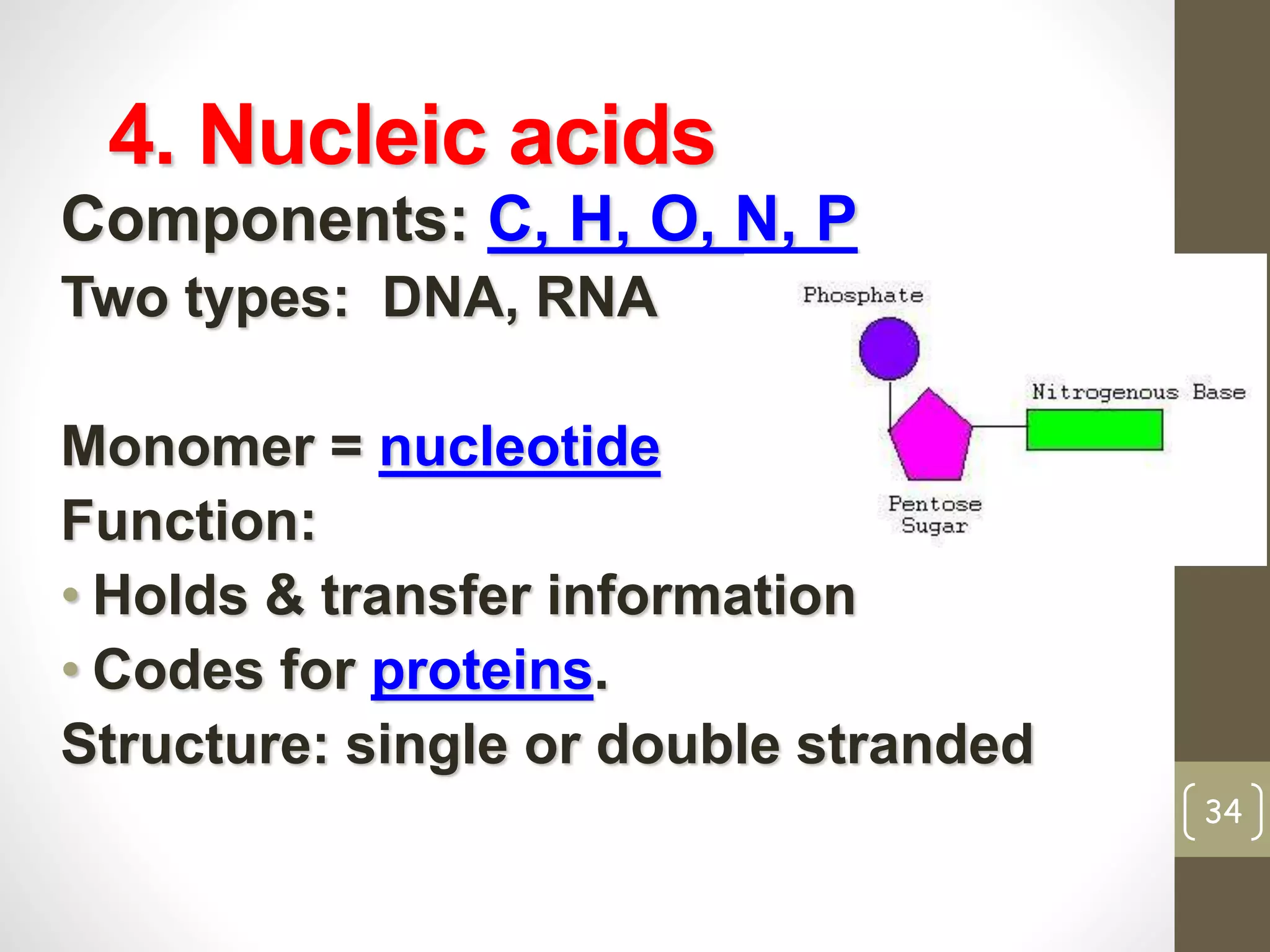 4. Nucleic acids 
Components: C, H, O, N, P 
Two types: DNA, RNA 
Monomer = nucleotide 
Function: 
• Holds & transfer information 
• Codes for proteins. 
Structure: single or double stranded 
34 
 