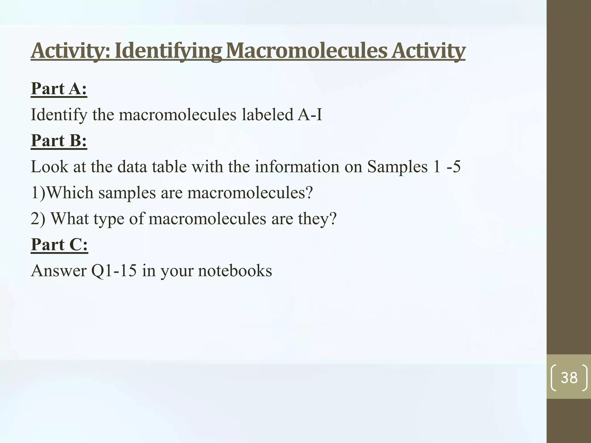 Activity: Identifying Macromolecules Activity 
Part A: 
Identify the macromolecules labeled A-I 
Part B: 
Look at the data table with the information on Samples 1 -5 
1)Which samples are macromolecules? 
2) What type of macromolecules are they? 
Part C: 
Answer Q1-15 in your notebooks 
38 
 