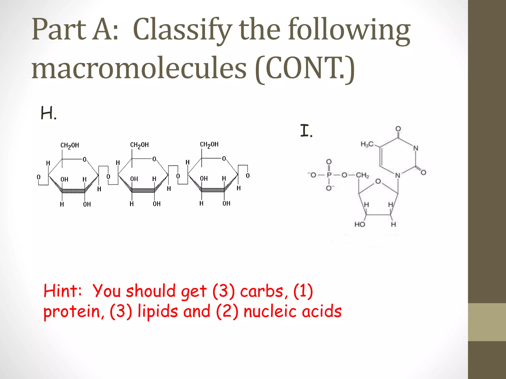 Part A: Classify the following 
macromolecules (CONT.) 
H. 
I. 
Hint: You should get (3) carbs, (1) 
protein, (3) lipids and (2) nucleic acids 
 