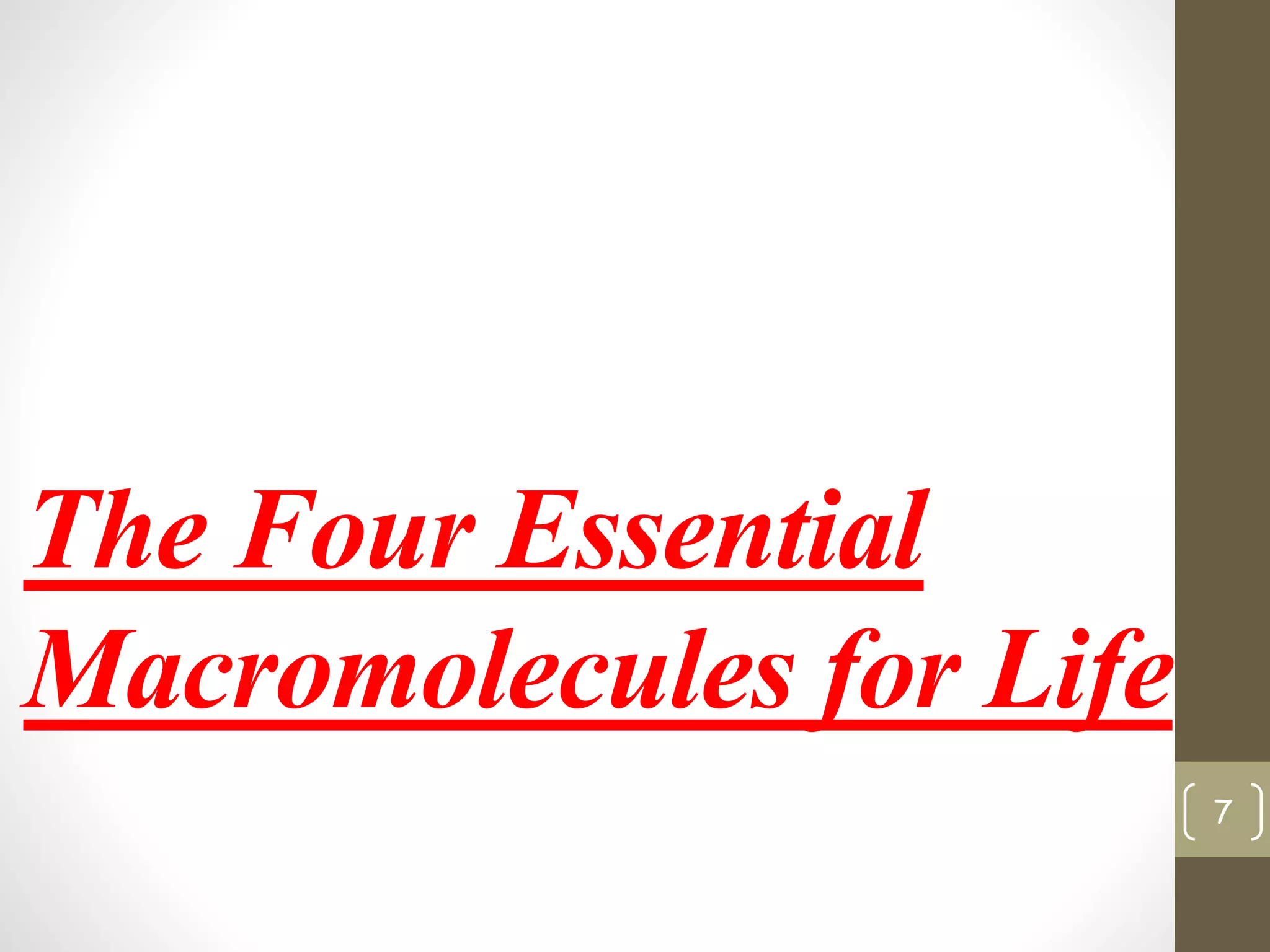 The Four Essential 
Macromolecules for Life 
7 
 