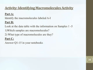 Activity: Identifying Macromolecules Activity 
Part A: 
Identify the macromolecules labeled A-I 
Part B: 
Look at the data table with the information on Samples 1 -5 
1)Which samples are macromolecules? 
2) What type of macromolecules are they? 
Part C: 
Answer Q1-15 in your notebooks 
38 
 