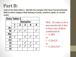 Part B: 
Look at the data table 2. Identify the samples that have macromolecules 
AND to what category they belong to (carbs, proteins, lipids, or nucleic 
acids) 
Data Table 2 
Samples 
1 2 3 4 5 
Ar  
N     
Ne 
O     
Cl  
H    
C    
P  
Hint: In order to be a 
macromolecule it has 
to have one of these 
combinations: 
• C,HO 
or 
• C,H,O,N 
or 
• C,H,O,N,P 
