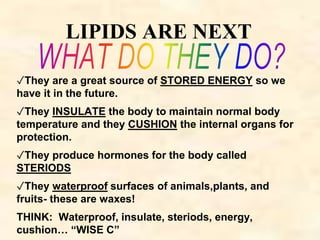 LIPIDS ARE NEXT 
✓They are a great source of STORED ENERGY so we 
have it in the future. 
✓They INSULATE the body to maintain normal body 
temperature and they CUSHION the internal organs for 
protection. 
✓They produce hormones for the body called 
STERIODS 
✓They waterproof surfaces of animals,plants, and 
fruits- these are waxes! 
THINK: Waterproof, insulate, steriods, energy, 
cushion… “WISE C” 
 