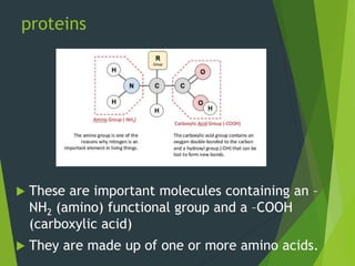 proteins
 These are important molecules containing an –
NH2 (amino) functional group and a –COOH
(carboxylic acid)
 They are made up of one or more amino acids.
 