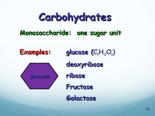 Carbohydrates
Carbohydrates
Monosaccharide: one sugar unit
Monosaccharide: one sugar unit
Examples:
Examples: glucose (
glucose (C6H12O6)
deoxyribose
deoxyribose
ribose
ribose
Fructose
Fructose
Galactose
Galactose
13
glucose
glucose
 