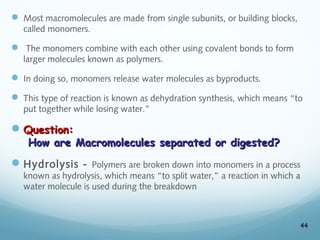  Most macromolecules are made from single subunits, or building blocks,
called monomers.
 The monomers combine with each other using covalent bonds to form
larger molecules known as polymers.
 In doing so, monomers release water molecules as byproducts.
 This type of reaction is known as dehydration synthesis, which means “to
put together while losing water.”
Question:
Question:
How are Macromolecules separated or digested?
How are Macromolecules separated or digested?
Hydrolysis - Polymers are broken down into monomers in a process
known as hydrolysis, which means “to split water,” a reaction in which a
water molecule is used during the breakdown
44
 