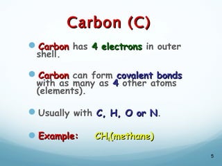 Carbon (C)
Carbon (C)
Carbon
Carbon has 4 electrons
4 electrons in outer
shell.
Carbon
Carbon can form covalent bonds
covalent bonds
with as many as 4
4 other atoms
(elements).
Usually with C, H, O or N
C, H, O or N.
Example:
Example: CH
CH4
4(methane)
(methane)
5
 