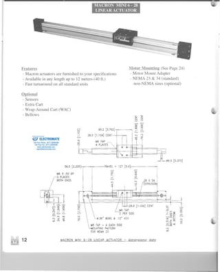 MACRON MINI 6 -28
LINEAR ACTUATOR
Features
-Macron actuators are furnished to your specifications
- Available in any length up to 12 meters (40 ft.)
- Fast turnaround on all standard units
Motor Mountin2 (See Page 24)
- Motor Mount Adapter
- NEMA 23 & 34 (standard)
non-NEMA sizes (optional)
Optional
- Sensors
- Extra Cart
- Wrap-Around Cart (WAC)
- Bellows
~9.5 [0.375]
56.0 [2.205 ,TRAVEL+ 127 [5.0
-------
o
o......
26.0 [1.104J CENT
1ot6TAP
'2 PERSIDE
.38" BORE& .12" KEY
t.t5 TAP- 4 EACHSIDE
OUNTINGPATTERN
FORNEMA23
12 MACRONMINI 6-28 LINEAR ACTUATOR- dimensional data
I- !Z%
w w
U U
cog
..-. C7I 0
N 95.2 [3.7 .,0
28.0 [1.104J CENT
r;-
t.l6 TAP
4 PLACES
ELECTROMATE
Toll Free Phone (877) SERVO98
Toll Free Fax (877) SERV099
www.electromate.com
sales@electromate.com
Sold & Serviced By:
 