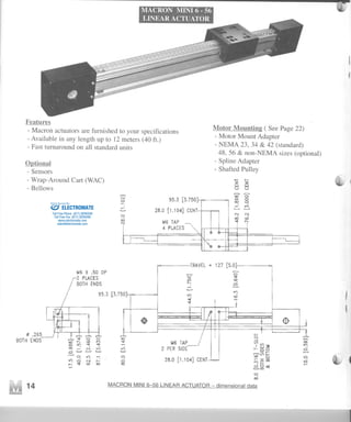 MACRON MINI 6 -56
LINEAR ACTUATOR
,
Features
- Macron actuators are furnished to your specifications
- Available in any length up to 12 meters (40 ft.)
- Fast turnaround on all standard units
Motor Mountin2 (See Page 22)
- Motor Mount Adapter
- NEMA 23, 34 & 42 (standard)
48,56 & non-NEMA sizes (optional)
- Spline Adapter
- Shafted Pulley
Optional
- Sensors
- Wrap-Around Cart (WAC)
- Bellows
C!
co
N
95.3 [3.750
28.0 [1.104] CENT
M6 TAP
4 PLACES
r-.N
o
TRAVEL + 127 [5.0
~ .265
BOTH ENDS
t,46 X .50 DP
'2 PLACES
BOTH ENDS
95.3 [3.750
, ,o"'"
'"
ci..........
........
I
1
.. ..-.---...--
o
oco
M6 TAP
2 PER SIDE'
28.0 [1.104] CENT
tI')
cn
tI')
ci..........
14 MACRONMINI6-56 LINEARACTUATOR- dimensional data
l
I-- I--
:z :z
L..I L..I
(,,) (,,)
,......., ,.......,
co 0
en 0
cq 0
,,)..........L-I
C'J N
.0
r.,.
ELECTROMATE
Toll Free Phone (877) SERVO98
Toll Free Fax (877) SERV099
www.electromate.com
sales@electromate.com
Sold & Serviced By:
 