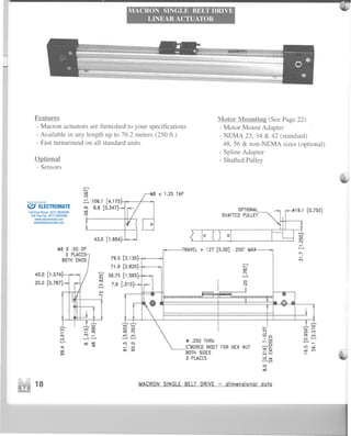 MACRON SINGLE BELT DRIVE
LINEAR ACTUATOR
i i
---
.,. - ... CIII_
-- --
- - - --
-- --
--- -- -------
Features
- Macron actuators are furnished to your specifications
- Available in any length up to 76.2 meters (250 ft.)
- Fast turnaround on all standard units
Motor Mountini: (See Page 22)
-Motor Mount Adapter
-NEMA 23, 34 & 42 (standard)
48,56 & non-NEMA sizes (optional)
- Spline Adapter
- Shafted PulleyOptional
- Sensors
40.0 [1.574
20.0 [0.787
...-.
,..,
co
111
.=. 106.1 [4.175
tIC! 8.8 [0.347m
-TRAVEL + 127 [5.00] 250' W
-......
79.5 [3.130
71.6 [2.820
if 39.75 [1.565110
N 7.9 [.310......
N
~
...-.
,..,
110
,..,
:.
111 0
~ d
m CD
. .250THRU
~'BOREDINSETFORHEXNUT
BOTHSIDES
3 PLACES
~
9
!no
I.....
~!n
f(COx
j:;).....
8~
o
cO
18 MACRON SINGLEBELT DRIVE- dimensional data
l
ELECTROMATE
Toll Free Phone (877) SERVO98
Toll Free Fax (877) SERV099
www.electromate.com
sales@electromate.com
Sold & Serviced By:
 