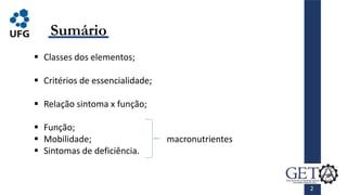 Sumário
 Classes dos elementos;
 Critérios de essencialidade;
 Relação sintoma x função;
 Função;
 Mobilidade; macronutrientes
 Sintomas de deficiência.
2
 