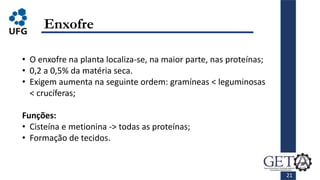 21
Enxofre
• O enxofre na planta localiza-se, na maior parte, nas proteínas;
• 0,2 a 0,5% da matéria seca.
• Exigem aumenta na seguinte ordem: gramíneas < leguminosas
< crucíferas;
Funções:
• Cisteína e metionina -> todas as proteínas;
• Formação de tecidos.
 