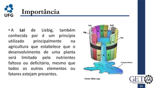 24
Importância
• A Lei de Liebig, também
conhecida por é um princípio
utilizado principalmente na
agricultura que estabelece que o
desenvolvimento de uma planta
será limitado pelo nutrientes
faltoso ou deficitário, mesmo que
todos os outros elementos ou
fatores estejam presentes.
Fonte: Mais soja
 