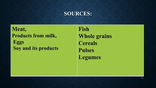 SOURCES:
Meat,
Products from milk,
Eggs
Soy and its products
Fish
Whole grains
Cereals
Pulses
Legumes
24
 