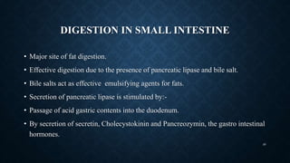 DIGESTION IN SMALL INTESTINE
• Major site of fat digestion.
• Effective digestion due to the presence of pancreatic lipase and bile salt.
• Bile salts act as effective emulsifying agents for fats.
• Secretion of pancreatic lipase is stimulated by:-
• Passage of acid gastric contents into the duodenum.
• By secretion of secretin, Cholecystokinin and Pancreozymin, the gastro intestinal
hormones.
49
 