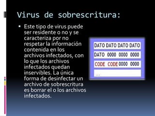 Virus de sobrescritura:
 Este tipo de virus puede
  ser residente o no y se
  caracteriza por no
  respetar la información
  contenida en los
  archivos infectados, con
  lo que los archivos
  infectados quedan
  inservibles. La única
  forma de desinfectar un
  archivo de sobrescritura
  es borrar el o los archivos
  infectados.
 