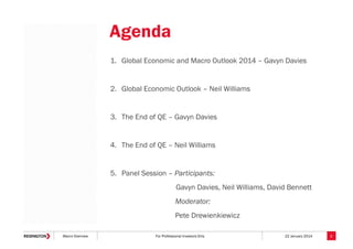 Agenda
1. Global Economic and Macro Outlook 2014 – Gavyn Davies

2. Global Economic Outlook – Neil Williams

3. The End of QE – Gavyn Davies

4. The End of QE – Neil Williams

5. Panel Session – Participants:
Gavyn Davies, Neil Williams, David Bennett

Moderator:
Pete Drewienkiewicz
Macro Overview

For Professional Investors Only

22 January 2014

2

 