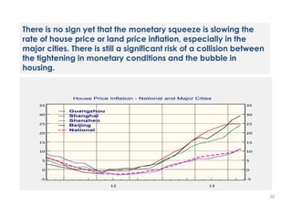 There is no sign yet that the monetary squeeze is slowing the
rate of house price or land price inflation, especially in the
major cities. There is still a significant risk of a collision between
the tightening in monetary conditions and the bubble in
housing.

20

 