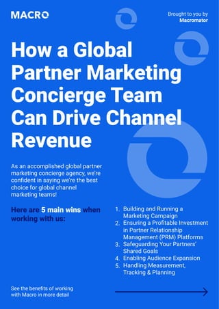 How a Global
Partner Marketing
Concierge Team
Can Drive Channel
Revenue
As an accomplished global partner
marketing concierge agency, we’re
confident in saying we’re the best
choice for global channel
marketing teams!
See the benefits of working
with Macro in more detail
Brought to you by
Macromator
Building and Running a
Marketing Campaign
Ensuring a Profitable Investment
in Partner Relationship
Management (PRM) Platforms
Safeguarding Your Partners’
Shared Goals
Enabling Audience Expansion
Handling Measurement,
Tracking & Planning
Here are 5 main wins when
working with us:
1.
2.
3.
4.
5.
 
