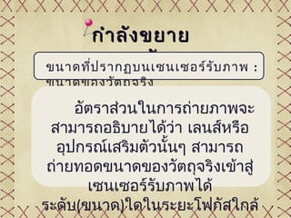 กำา ลัง ขยาย
       ขนาดวัต ถุ ร ับ ภาพ :
ขนาดที่ป รากฏบนเซนเซอร์
ขนาดของวัต ถุจ ริง

      อัตราส่วนในการถ่ายภาพจะ
 สามารถอธิบายได้วา เลนส์หรือ
                      ่
   อุปกรณ์เสริมตัวนั้นๆ สามารถ
 ถ่ายทอดขนาดของวัตถุจริงเข้าสู่
        เซนเซอร์รับภาพได้
ระดับ(ขนาด)ใดในระยะโฟกัสใกล้
 