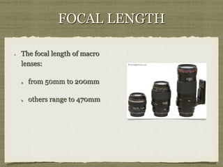 FOCAL LENGTH
! 

The focal length of macro
lenses:
! 

from 50mm to 200mm

! 

others range to 470mm

 