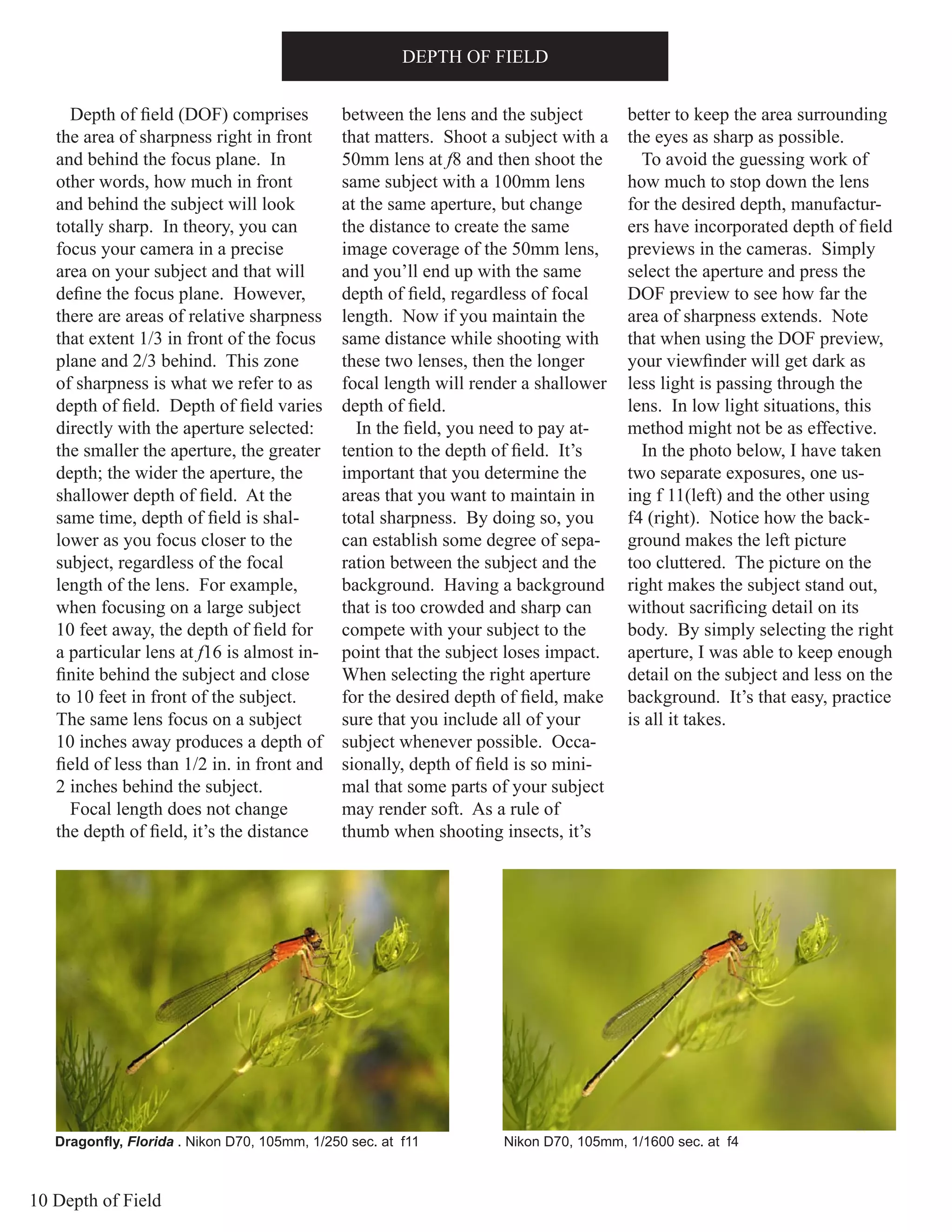 10 Depth of Field
DEPTH OF FIELD
Depth of field (DOF) comprises
the area of sharpness right in front
and behind the focus plane. In
other words, how much in front
and behind the subject will look
totally sharp. In theory, you can
focus your camera in a precise
area on your subject and that will
define the focus plane. However,
there are areas of relative sharpness
that extent 1/3 in front of the focus
plane and 2/3 behind. This zone
of sharpness is what we refer to as
depth of field. Depth of field varies
directly with the aperture selected:
the smaller the aperture, the greater
depth; the wider the aperture, the
shallower depth of field. At the
same time, depth of field is shal-
lower as you focus closer to the
subject, regardless of the focal
length of the lens. For example,
when focusing on a large subject
10 feet away, the depth of field for
a particular lens at f16 is almost in-
finite behind the subject and close
to 10 feet in front of the subject.
The same lens focus on a subject
10 inches away produces a depth of
field of less than 1/2 in. in front and
2 inches behind the subject.
Focal length does not change
the depth of field, it’s the distance
between the lens and the subject
that matters. Shoot a subject with a
50mm lens at f8 and then shoot the
same subject with a 100mm lens
at the same aperture, but change
the distance to create the same
image coverage of the 50mm lens,
and you’ll end up with the same
depth of field, regardless of focal
length. Now if you maintain the
same distance while shooting with
these two lenses, then the longer
focal length will render a shallower
depth of field.
In the field, you need to pay at-
tention to the depth of field. It’s
important that you determine the
areas that you want to maintain in
total sharpness. By doing so, you
can establish some degree of sepa-
ration between the subject and the
background. Having a background
that is too crowded and sharp can
compete with your subject to the
point that the subject loses impact.
When selecting the right aperture
for the desired depth of field, make
sure that you include all of your
subject whenever possible. Occa-
sionally, depth of field is so mini-
mal that some parts of your subject
may render soft. As a rule of
thumb when shooting insects, it’s
better to keep the area surrounding
the eyes as sharp as possible.
To avoid the guessing work of
how much to stop down the lens
for the desired depth, manufactur-
ers have incorporated depth of field
previews in the cameras. Simply
select the aperture and press the
DOF preview to see how far the
area of sharpness extends. Note
that when using the DOF preview,
your viewfinder will get dark as
less light is passing through the
lens. In low light situations, this
method might not be as effective.
In the photo below, I have taken
two separate exposures, one us-
ing f 11(left) and the other using
f4 (right). Notice how the back-
ground makes the left picture
too cluttered. The picture on the
right makes the subject stand out,
without sacrificing detail on its
body. By simply selecting the right
aperture, I was able to keep enough
detail on the subject and less on the
background. It’s that easy, practice
is all it takes.
Dragonfly, Florida . Nikon D70, 105mm, 1/250 sec. at f11 Nikon D70, 105mm, 1/1600 sec. at f4
 