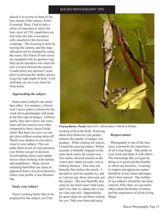 Macro Photography Tips 15
placed it in reverse in front of the
lens mount of the camera. Voila!
It worked. Then, I had to take a
series of exposures to select the
best, since all TTL capabilities are
lost when the lens is not physi-
cally attached to the electronic
couplings. The focusing is done by
moving the camera, and the mag-
nification can be changed by using
the zoom. The Nikon D lens series
are equipped with an aperture ring
that can be operated even when the
lens is removed from the camera.
I could select any aperture I want
prior to pressing the shutter release
to get the right depth of field. Cool
stuff that can save you when far
from home.
Approaching the subject
Some macro subjects are easier
than other. For instance, a flower
won’t move unless is blown by the
wind, but a grasshopper will jump
at the first sign of danger. Unfortu-
nately, they don’t know our inten-
tions and our massive size when
compared to them, doesn’t help
either. But there are ways we can
get close without scaring them off.
Watch your shadow as you move
close to your subject. This can
make them aware of your presence
way before you get in position.
Avoid making noises and sudden
moves when working with reptiles
and amphibians. Many insects
including butterflies are easier to
approach from a low level position,
where your profile is less threaten-
ing.
Study your subject
There’s nothing better than to be
prepared for the subject you’ll be
working with in the field. Knowing
about their behaviors can greatly
enhance the quality of images you
produce. While looking for insects,
I found this praying mantis. Within
seconds, a butterfly stopped on the
same bush where the mantis was.
The mantis showed interest on the
visitor and, within seconds, was at
striking distance. This time, the
butterfly flew before the attack. I
decided to wait for another try, and
as I always say, those who wait, get
the chance. The next butterfly that
came by the bush wasn’t that lucky
and I was able to capture the event,
on video and still. Opportunities
for great shots are out there waiting
for you. Take your time and enjoy.
Respect nature
Photography is one of the best
ways to promote the importance
of all living things. Take pride on
your work and share it with others.
The knowledge that you gain by
doing so is great and the benefits
to others are priceless. Learning
to respect and appreciate nature
should be in any nature photogra-
pher’s best interest. The welfare
of our subjects should be our main
concern. Only then, we can teach
others about the beauty of nature
and the importance of all the living
things.
MACRO PHOTOGRAPHY TIPS
Praying Mantis, Florida. Nikon D70, 105mm Macro 1/500 f8 w/ fill flash.
 