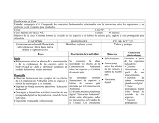 Planificación de Clase
Estándar pedagógico n°4: Comprende los conceptos fundamentales relacionados con la interacción entre los organismos y su
ambiente y está preparado para enseñarlos.
Fecha:                                                                               Clase Nº:       5
Curso: Quinto año básico, NB3                                                        Tiempo:        90 minutos
Objetivo de la clase: Comenta formas de cuidado de las especies y el hábitat de nuestro país, explora y crea propaganda para
difundirlo.
              CONCEPTOS                                   HABILIDADES                                   VALOR- ACTITUD
  Contaminación ambiental (lluvia ácida,             Identificar, explorar y crear                       Valorar y proteger
   sobrexplotación y flora, fauna nativa
        chilena y su preservación).
                                                                                                                       Evaluación
                         Fases                            Descripción de la actividad             Recursos
                                                                                                                      (indicadores)
Inicio                                                                                         Sala de enlaces.    Formativa a partir
 Reforzamiento sobre los efectos de la contaminación    Se      comienza       la    clase                         de los siguientes
 y de la explotación de las especies sobre la recordando los efectos de la                     Ilustraciones       indicadores:
 biodiversidad de Chile e identificar conductas de Contaminación                Ambiental      sobre los efectos  Comenta
 cuidado del entorno medio ambiental                    sobre las especies y el hábitat        de las especies y ilustraciones         a
                                                        de nuestro país.                       hábitat de nuestro partir      de    sus
Desarrollo                                                                                     país.                conocimientos.
 Observan ilustraciones con ejemplos de los efectos Se            presentan       diversas                          Exploran        de
                                                        ilustraciones de especies y            Plataforma           forma autónoma
 de la Contaminación Ambiental sobre las especies y
                                                        hábitat     de nuestro país            digital.             plataforma digital.
 hábitat de nuestro país y las comenta.
 Exploran de forma autónoma plataforma “Educación       afectadas por la Contaminación                              Crean
 Ambiental”.                                            Ambiental.                                                  propaganda digital
 Descargan y desarrollan actividad (creación de una     El docente presenta plataforma                              sobre formas de
 propaganda digital) de la plataforma virtual de forma digital “Educación Ambiental”                                cuidado de las
 individual.                                            donde están albergados todos                                especies.
 Expondrán propaganda confeccionada.                    los documentos, actividades de                              Exponen
                                                        la Unidad. Los estudiantes                                  propagandas
 
