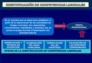 Es el proceso que se sigue para establecer, a
partir de la observación de las actividades de
     trabajo concretas: las capacidades,         PRODUCTO
                                                                PERFIL
conocimientos, habilidades y actitudes que se                PROFESIONAL
 ponen en juego durante el desempeño una
               actividad laboral.



OBSERVACIÓN Y        ELABORACIÓN         FORMULACIÓN        VALIDACIÓN DE
 ESTUDIO DE            DEL MAPA             DE LAS          LAS HIPOTESIS
  OCUPACIÓN           FUNCIONAL           HIPÓTESIS         COMPROBADAS
ETAPAS DE LA IDENTIFICACION DE COMPETENCIAS LABORALES
 