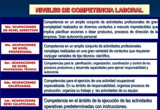 Competencia en un amplio conjunto de actividades profesionales de gran
 5to. OCUPACIONES     complejidad realizados en diversos contextos a menudo impredecibles que
DE NIVEL DIRECTIVO
                      implica planificar acciones o idear productos, procesos de dirección de la
                      empresa. Gran autonomía personal.
4to. OCUPACIONES      Competencia en un amplio conjunto de actividades profesionales
     DE NIVEL
  PROFESIONAL         complejas realizadas en una gran variedad de contextos que requieren
                      conjugar variables de tipo técnico- científico.
3er. OCUPACIONES      Competencias para la planificación, organización, coordinación y control de los
     DE NIVEL
PROFESIONAL TÉCNICO
                      procesos productivos y desarrolla capacidades para ejercer responsabilidad y
                      autonomía

2do. OCUPACIONES
                      Competencias para el ejercicio de una actividad ocupacional
  CALIFICADAS         especializada. En su ámbito de responsabilidad, organiza procesos de
                      producción, organiza su trabajo y las actividades de su equipo

1er. OCUPACIONES      Competencia en el ámbito de la ejecución de las actividades
SEMI CALIFICADAS.
                      operativas predeterminadas con instrucciones.
 