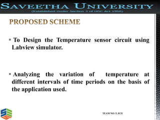  To Design the Temperature sensor circuit using
Labview simulator.
 Analyzing the variation of temperature at
different ...