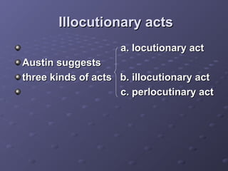 Illocutionary actsIllocutionary acts
a. locutionary acta. locutionary act
Austin suggestsAustin suggests
three kinds of acts b. illocutionary actthree kinds of acts b. illocutionary act
c. perlocutinary actc. perlocutinary act
 