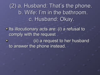 (2) a. Husband: That’s the phone.(2) a. Husband: That’s the phone.
b. Wife: I’m in the bathroom.b. Wife: I’m in the bathroom.
c. Husband: Okay.c. Husband: Okay.
Its illocutionary acts are: (i) a refusal toIts illocutionary acts are: (i) a refusal to
comply with the requestcomply with the request
(ii) a request to her husband(ii) a request to her husband
to answer the phone instead.to answer the phone instead.
 