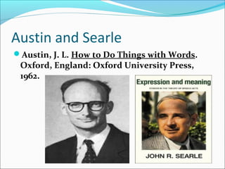 Austin and Searle
Austin, J. L. How to Do Things with Words.
Oxford, England: Oxford University Press,
1962.
 