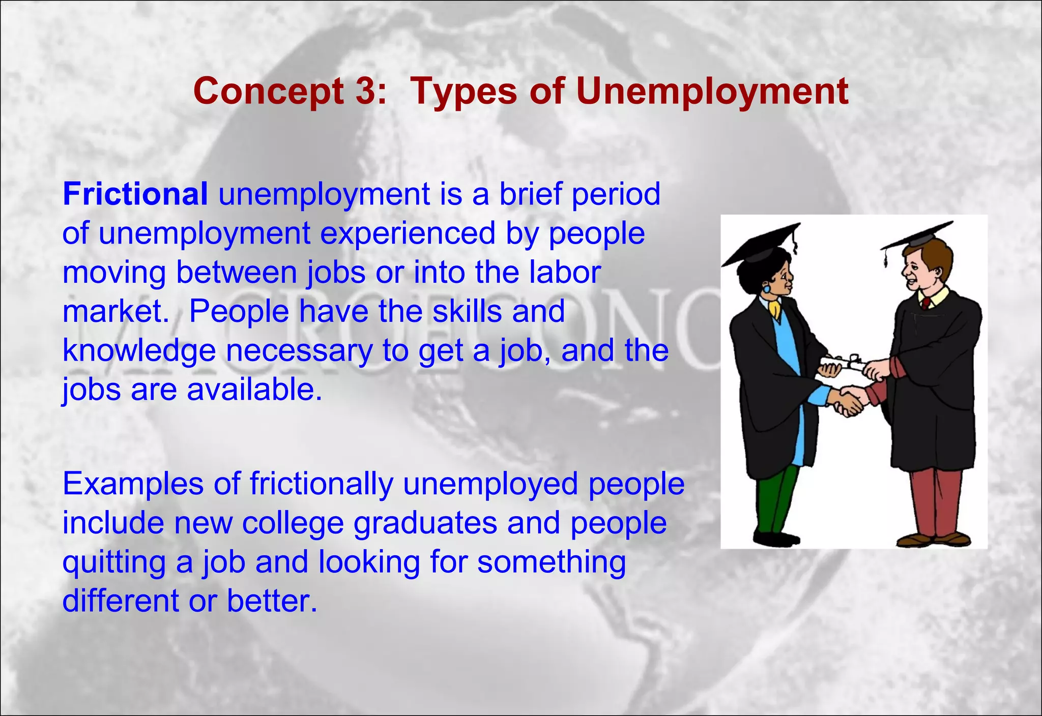 Concept 3: Types of Unemployment
Frictional unemployment is a brief period
of unemployment experienced by people
moving between jobs or into the labor
market. People have the skills and
knowledge necessary to get a job, and the
jobs are available.
Examples of frictionally unemployed people
include new college graduates and people
quitting a job and looking for something
different or better.
 