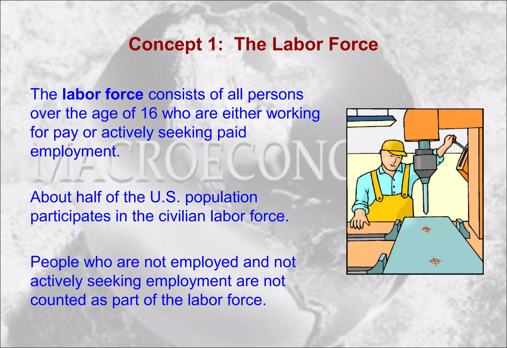 Concept 1: The Labor Force
The labor force consists of all persons
over the age of 16 who are either working
for pay or actively seeking paid
employment.
About half of the U.S. population
participates in the civilian labor force.
People who are not employed and not
actively seeking employment are not
counted as part of the labor force.
 