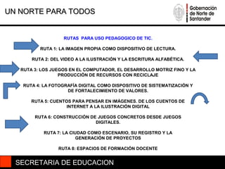 UN NORTE PARA TODOS


                    RUTAS PARA USO PEDAGOGICO DE TIC.

          RUTA 1: LA IMAGEN PROPIA COMO DISPOSITIVO DE LECTURA.

       RUTA 2: DEL VIDEO A LA ILUSTRACIÓN Y LA ESCRITURA ALFABÉTICA.

   RUTA 3: LOS JUEGOS EN EL COMPUTADOR, EL DESARROLLO MOTRIZ FINO Y LA
                  PRODUCCIÓN DE RECURSOS CON RECICLAJE

    RUTA 4: LA FOTOGRAFÍA DIGITAL COMO DISPOSITIVO DE SISTEMATIZACIÓN Y
                     DE FORTALECIMIENTO DE VALORES.

       RUTA 5: CUENTOS PARA PENSAR EN IMÁGENES. DE LOS CUENTOS DE
                     INTERNET A LA ILUSTRACIÓN DIGITAL

        RUTA 6: CONSTRUCCIÓN DE JUEGOS CONCRETOS DESDE JUEGOS
                               DIGITALES.

            RUTA 7: LA CIUDAD COMO ESCENARIO, SU REGISTRO Y LA
                         GENERACIÓN DE PROYECTOS

                 RUTA 8: ESPACIOS DE FORMACIÓN DOCENTE


  SECRETARIA DE EDUCACION
 