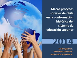 Macro procesos
sociales de Chile
en la conformación
histórica del
sistema de
educación superior
Sindy Aguirre C.
Bernardita Garrido B.
María Alicia Schwerter B.
2014
 