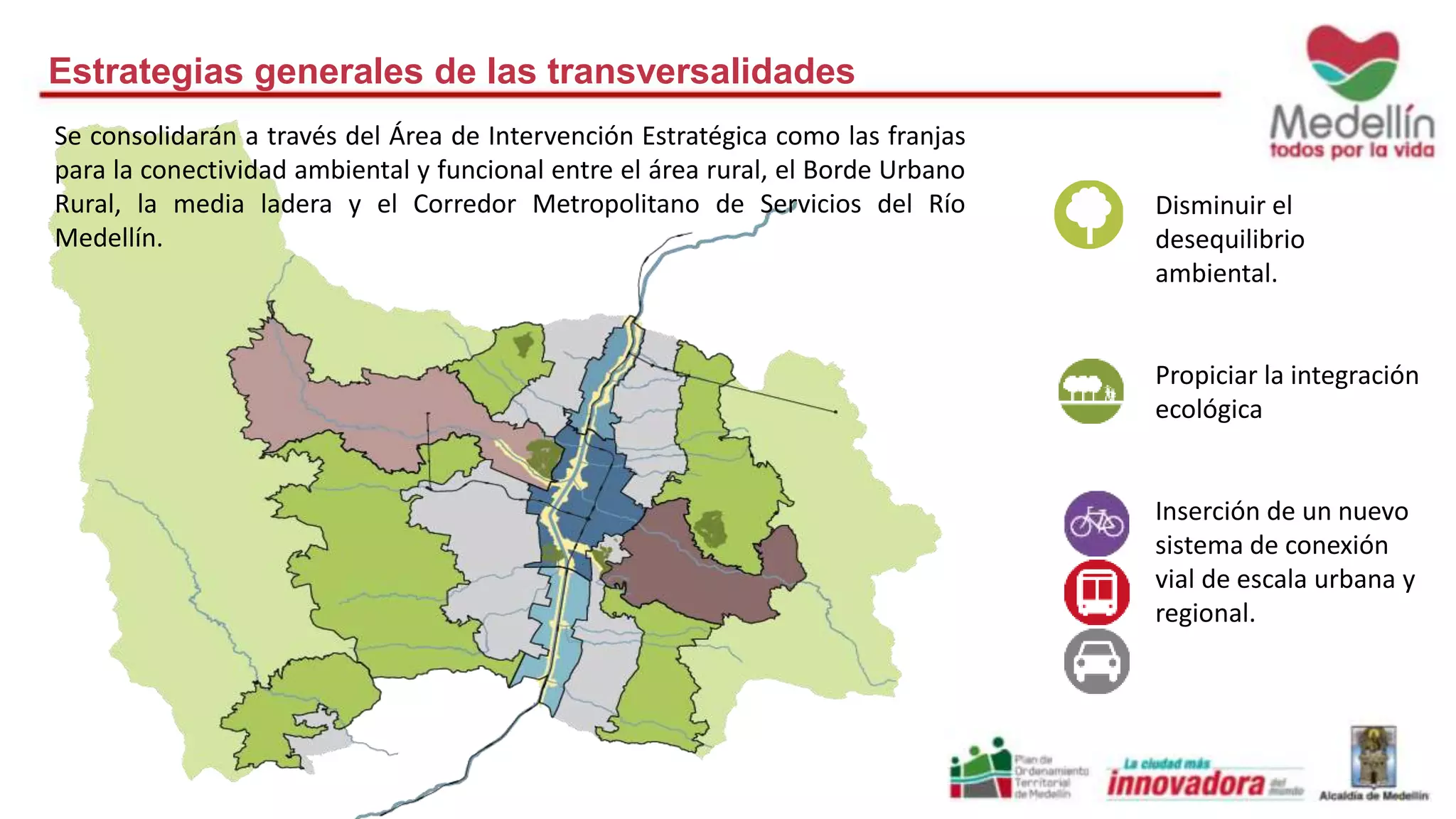 Estrategias generales de las transversalidades 
• Disminuir el 
desequilibrio 
ambiental. 
• Propiciar la integración 
ecológica 
• Inserción de un nuevo 
sistema de conexión 
vial de escala urbana y 
regional. 
Se consolidarán a través del Área de Intervención Estratégica como las franjas 
para la conectividad ambiental y funcional entre el área rural, el Borde Urbano 
Rural, la media ladera y el Corredor Metropolitano de Servicios del Río 
Medellín. 
 
