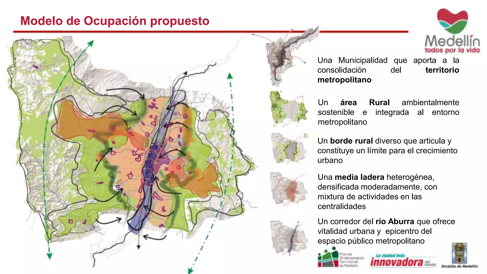 Modelo de Ocupación propuesto 
Una Municipalidad que aporta a la 
consolidación del territorio 
metropolitano 
Un área Rural ambientalmente 
sostenible e integrada al entorno 
metropolitano 
Un borde rural diverso que articula y 
constituye un límite para el crecimiento 
urbano 
Una media ladera heterogénea, 
densificada moderadamente, con 
mixtura de actividades en las 
centralidades 
Un corredor del río Aburra que ofrece 
vitalidad urbana y epicentro del 
espacio público metropolitano 
 