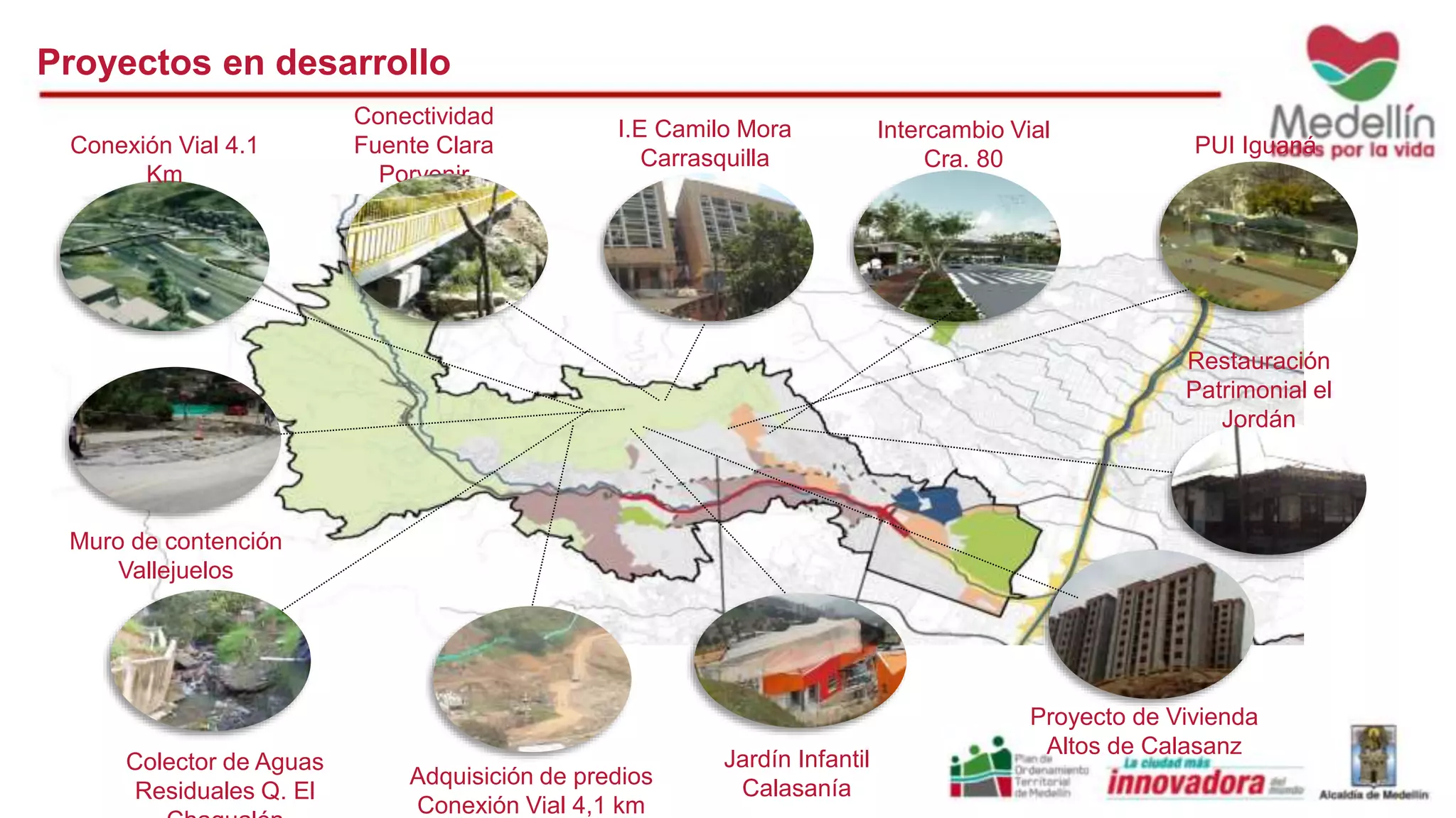 Proyectos en desarrollo 
Conexión Vial 4.1 
Km 
PUI Iguaná 
I.E Camilo Mora 
Carrasquilla 
Intercambio Vial 
Cra. 80 
Adquisición de predios 
Conexión Vial 4,1 km 
Jardín Infantil 
Calasanía 
Conectividad 
Fuente Clara 
Porvenir 
Restauración 
Patrimonial el 
Jordán 
Proyecto de Vivienda 
Altos de Calasanz 
Muro de contención 
Vallejuelos 
Colector de Aguas 
Residuales Q. El 
Chagualón 
 