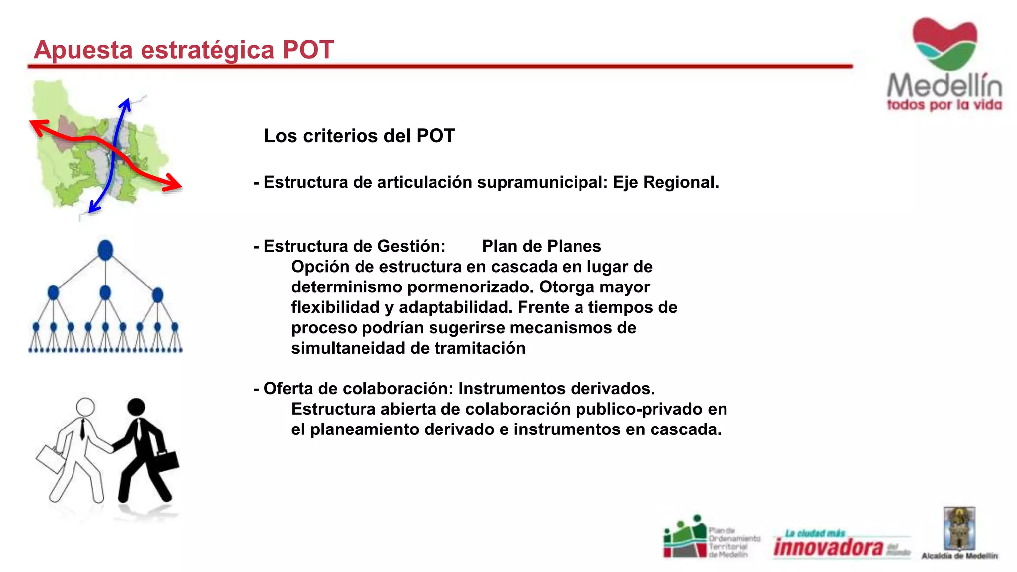 Apuesta estratégica POT 
Los criterios del POT 
- Estructura de articulación supramunicipal: Eje Regional. 
- Estructura de Gestión: Plan de Planes 
Opción de estructura en cascada en lugar de 
determinismo pormenorizado. Otorga mayor 
flexibilidad y adaptabilidad. Frente a tiempos de 
proceso podrían sugerirse mecanismos de 
simultaneidad de tramitación 
- Oferta de colaboración: Instrumentos derivados. 
Estructura abierta de colaboración publico-privado en 
el planeamiento derivado e instrumentos en cascada. 
 