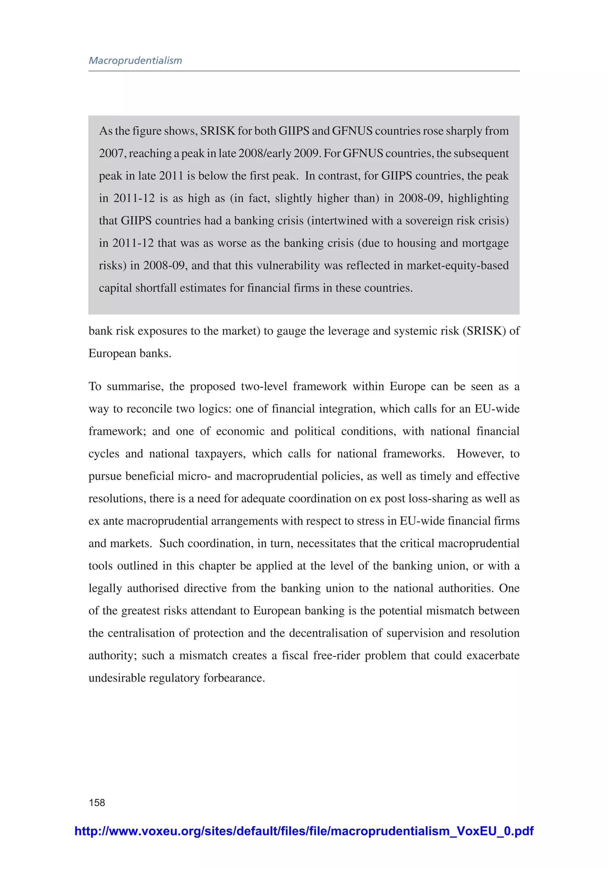 Macroprudentialism
158
bank risk exposures to the market) to gauge the leverage and systemic risk (SRISK) of
European banks.
To summarise, the proposed two-level framework within Europe can be seen as a
way to reconcile two logics: one of financial integration, which calls for an EU-wide
framework; and one of economic and political conditions, with national financial
cycles and national taxpayers, which calls for national frameworks. However, to
pursue beneficial micro- and macroprudential policies, as well as timely and effective
resolutions, there is a need for adequate coordination on ex post loss-sharing as well as
ex ante macroprudential arrangements with respect to stress in EU-wide financial firms
and markets. Such coordination, in turn, necessitates that the critical macroprudential
tools outlined in this chapter be applied at the level of the banking union, or with a
legally authorised directive from the banking union to the national authorities. One
of the greatest risks attendant to European banking is the potential mismatch between
the centralisation of protection and the decentralisation of supervision and resolution
authority; such a mismatch creates a fiscal free-rider problem that could exacerbate
undesirable regulatory forbearance.
As the figure shows, SRISK for both GIIPS and GFNUS countries rose sharply from
2007, reaching a peak in late 2008/early 2009. For GFNUS countries, the subsequent
peak in late 2011 is below the first peak. In contrast, for GIIPS countries, the peak
in 2011-12 is as high as (in fact, slightly higher than) in 2008-09, highlighting
that GIIPS countries had a banking crisis (intertwined with a sovereign risk crisis)
in 2011-12 that was as worse as the banking crisis (due to housing and mortgage
risks) in 2008-09, and that this vulnerability was reflected in market-equity-based
capital shortfall estimates for financial firms in these countries.
http://www.voxeu.org/sites/default/files/file/macroprudentialism_VoxEU_0.pdf
 